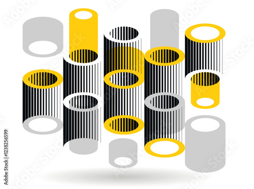 Abstract modern architecture vector geometric background, 3D isometric pattern with cylinders, tubes and pipes rhythmic optical art.