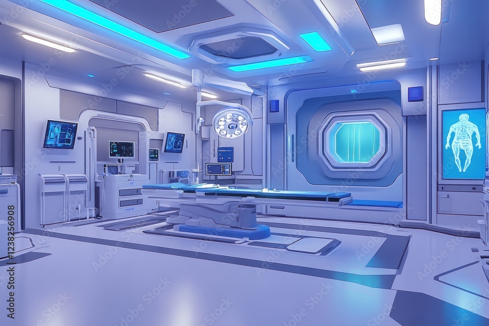 Futuristic sterile operating room with advanced medical technology. Futuristic sterile operating room with advanced medical technology.