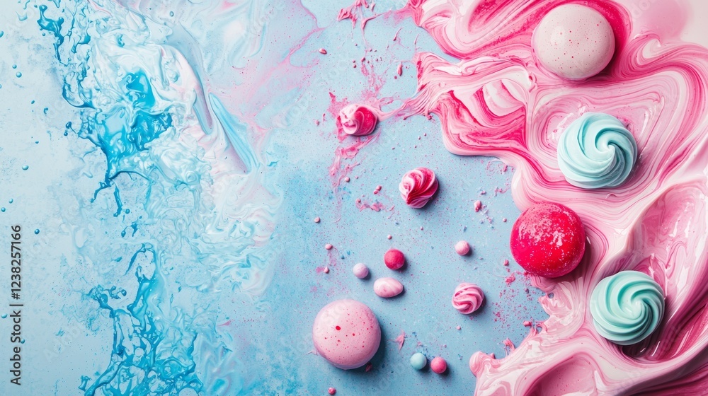 Fototapeta premium Pastel-colored macarons and swirls on marble background