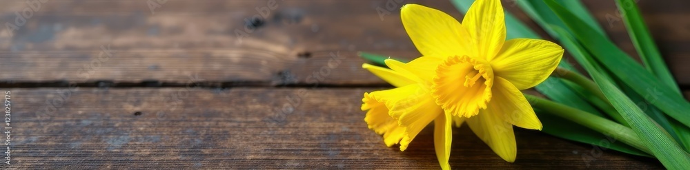 Fototapeta premium Daffodil stem and leaves with yellow blooms on a wood surface, stem, wood, surface