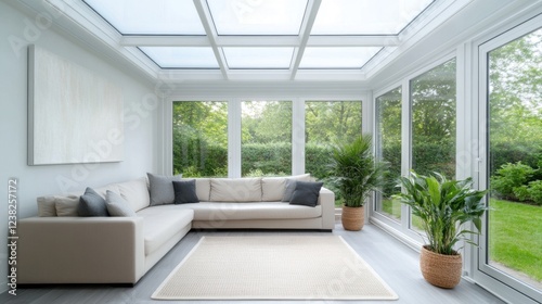 Modern sunroom interior with large windows, cozy sofa, indoor plants, and natural light in tranquil setting