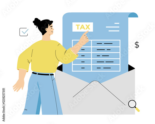 Tax payment concept. Woman and envelope with tax declaration paper document. Tax day. Vector illustration on isolated white background.	
