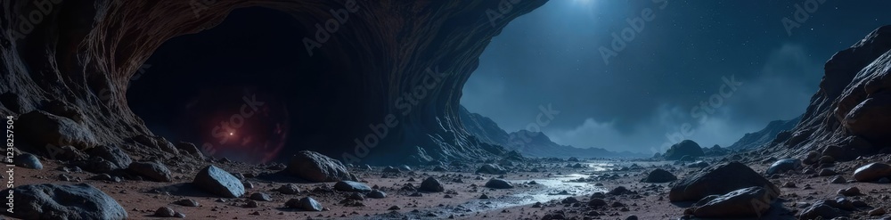 Fototapeta premium Dark and foreboding cave on a barren planet with a dark horizon, space debris, damp