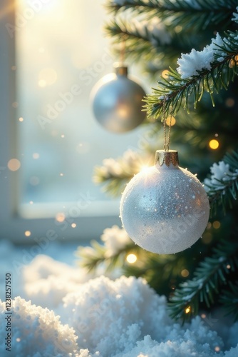 Dappled sunlight shines through frosted white Christmas ornaments, Ornaments, Dappled, White photo