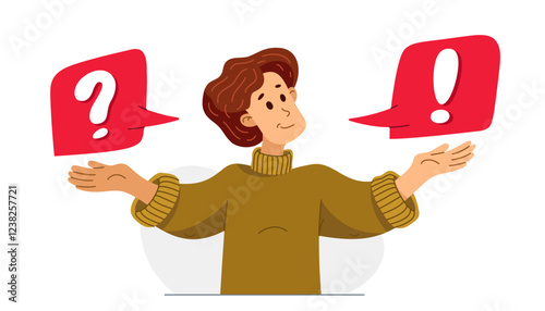 Young man having a doubt and question, vector illustration of a person who is hesitating and thinking about some problem, decide uncertainty.