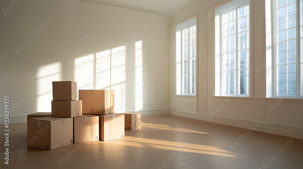 A newly empty room with boxes stacked in the corner, waiting to be moved into the next home. A newly empty room with boxes stacked in the corner, waiting to be moved into the next home.