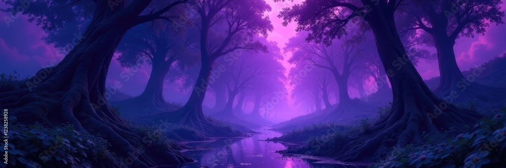 Obraz premium Dark, twisted, bioluminescent forests amidst swirling purple clouds, mystical, forest, swampy