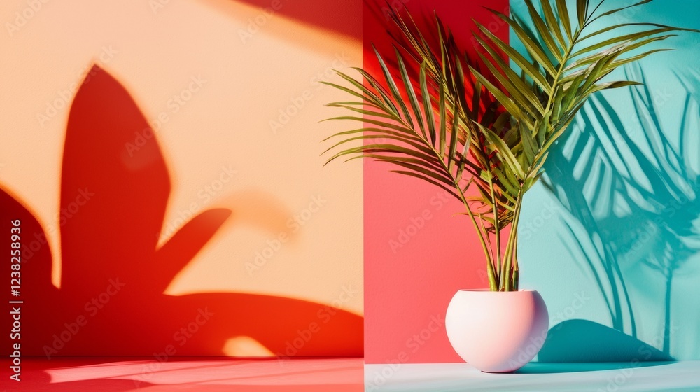 Fototapeta premium Minimalist tropical decor with vibrant plant shadows