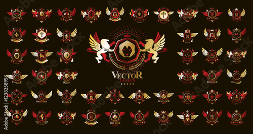 Vintage heraldic emblems vector big set, antique heraldry symbolic badges and awards collection, classic style design elements, family emblems.