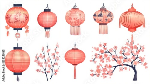 Asian paper lanterns, blossom branches, festival celebration, white background, design element