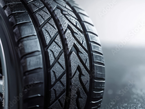 Close-up of new rubber tire with detailed tread pattern on a clean surface