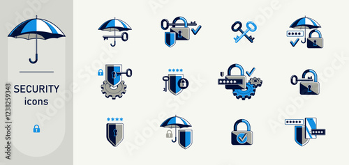 Password access, shield and padlock with key, umbrella and pin safety vector detailed icons set, security and protection.
