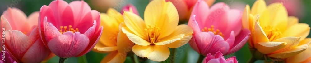 Delicate petals unfurl in shades of pink and yellow, spring flowers, flower arrangement, flowers of nature Delicate petals unfurl in shades of pink and yellow, spring flowers, flower arrangement, flowers of nature
