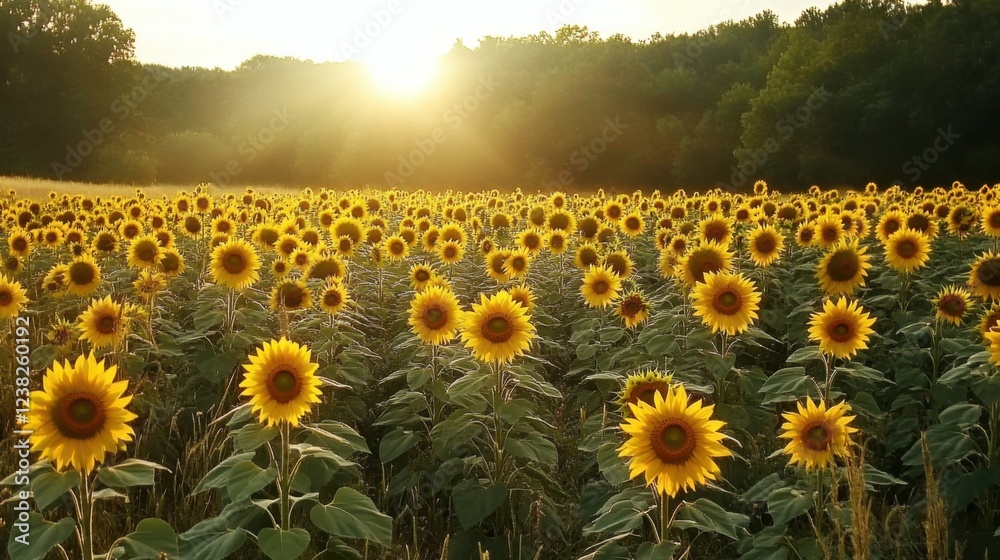 Obraz premium Sunflower blooming at sunrise scenic field nature photography vibrant landscape panoramic view natural beauty