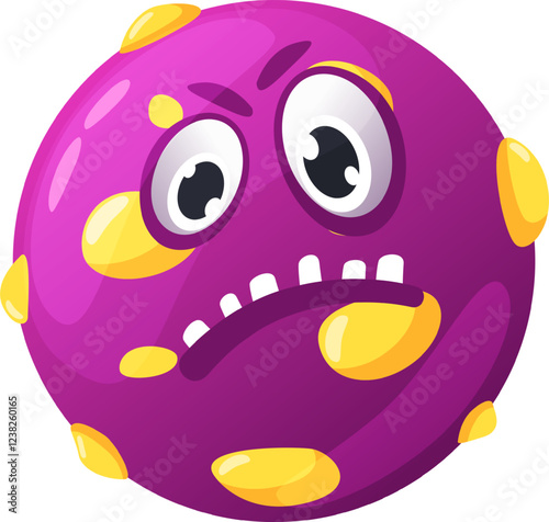 Funny purple cartoon monster with yellow spots showing disgust and nausea with its tongue out, ideal for children s illustrations, halloween and other projects