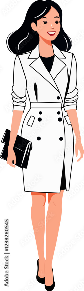 woman, business lady, business life, business suit, career, happiness, business style. Full-length character.Vector isolated illustration. Flat character portrait. not AI