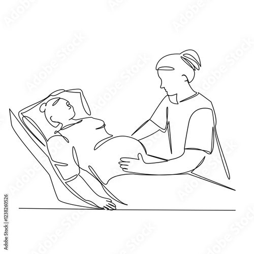 One continuous single drawing line art flat doodle hospital, pregnant, belly, doctor, examination, obstetrician, couch. Isolated image hand draw contour on a white background, hand drawn, not AI