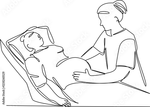 One continuous single drawing line art flat doodle hospital, pregnant, belly, doctor, examination, obstetrician, couch. Isolated image hand draw contour on a white background, hand drawn, not AI