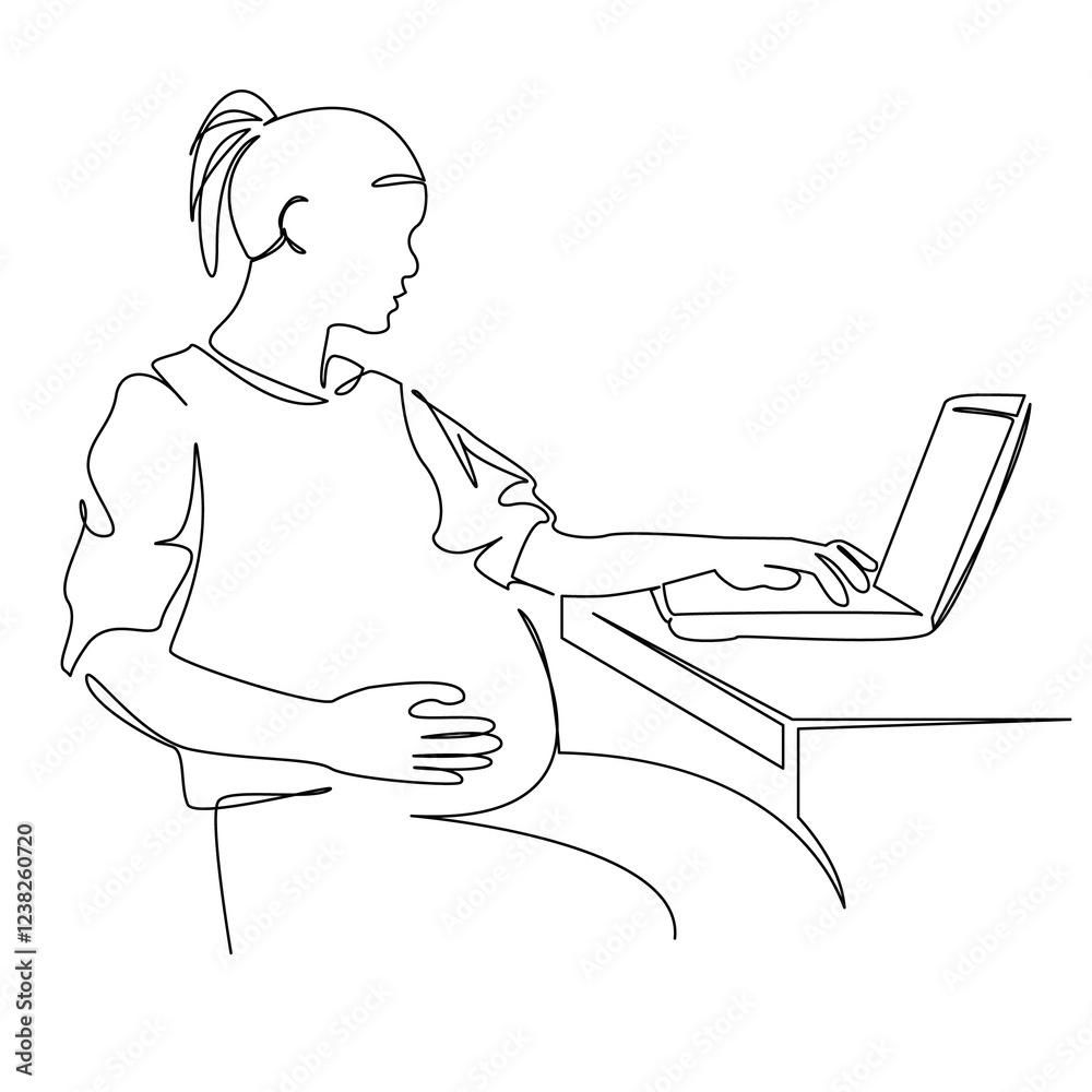 Naklejka premium One continuous single drawing line art flat doodle pregnant, computer, technology, business, businesswoman, expecting a baby. Isolated image hand draw contour on a white background, hand drawn, not AI