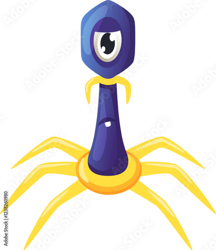 Bacteriophage virus attacking bacteria with yellow legs and blue hexagonal head with one big eye and small mouth, isolated on white background