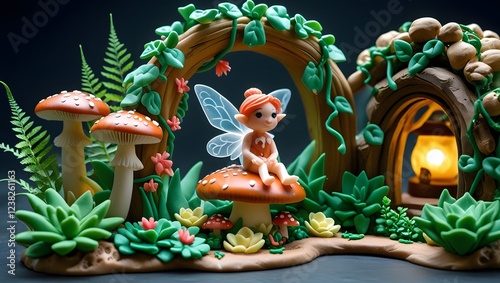 Wallpaper Mural Background, whimsical miniature fairy garden with a fairy on a mushroom, surrounded by lush greenery, flowers, and a glowing lantern in a cozy, enchanting setting. Torontodigital.ca