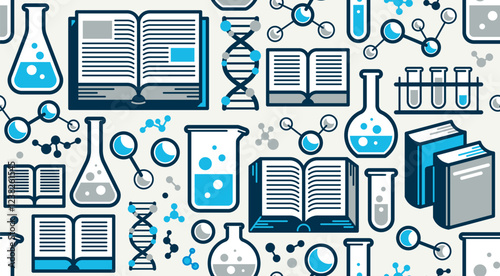 Chemistry education seamless background, chemical laboratory endless pattern with molecules and flasks, repeat wallpaper of science and study theme.