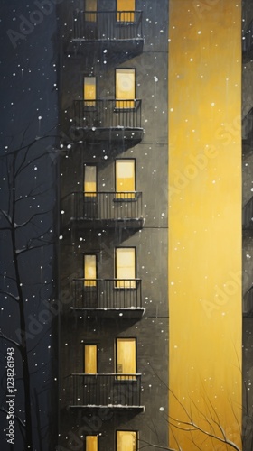 Gray wall of house building with yellow windows, painted print illustration for room interior picture.