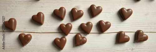 Handmade chocolate candies in the shape of hearts on a rustic wooden table, Valentine's Day, heart-shaped, food