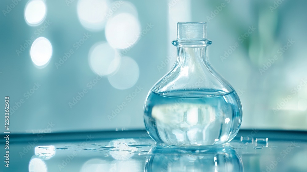 Glass bottle on water surface with sparkling reflections Glass bottle on water surface with sparkling reflections