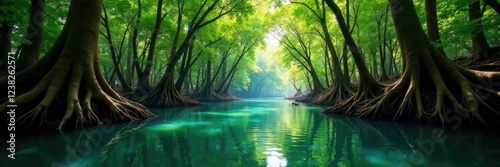 Dense mangrove forest with roots in the water, trees, aquatic