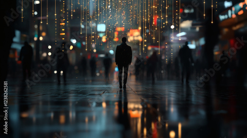 Wallpaper Mural Solitary figure walking through a vibrant, rain-slicked city at night. Torontodigital.ca