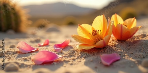 Desert flower petals softly landing on sandy terrain, cholla cactus, desert bloom