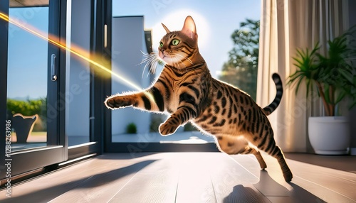 A lively Bengal cat leaps towards an open door, sunlight highlighting its graceful form. photo