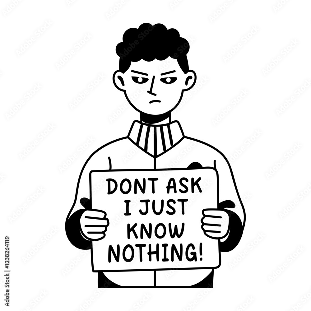 A glyph sticker of an irritate character holding board written know nothing typography A glyph sticker of an irritate character holding board written know nothing typography