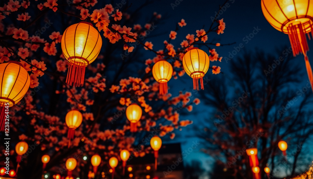 Obraz premium Rows of glowing lanterns illuminate the night sky, hanging gracefully among blooming cherry trees during spring.
