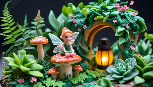 Wallpaper Mural Background, enchanting miniature fairy garden scene with a seated fairy on a mushroom, surrounded by lush greenery, flowers, and a glowing lantern in a whimsical setting. Torontodigital.ca