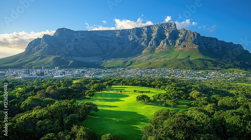 Table Mountain overlooking Cape Town city and green landscape