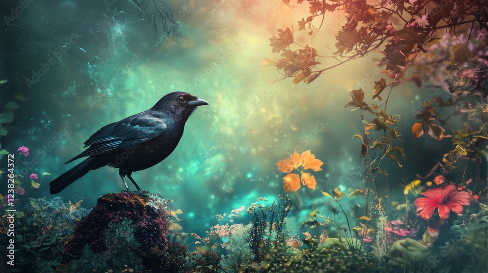 Fototapeta premium Blackbird perched on a branch surrounded by sunlight and flowers