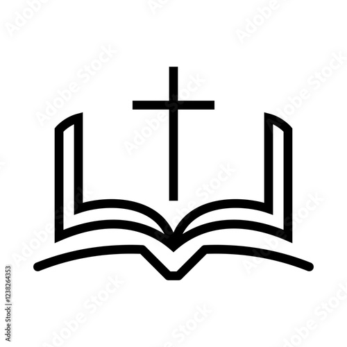 Religion icon. Simple black and white icon of christian cross standing on open bible. Vector illustration