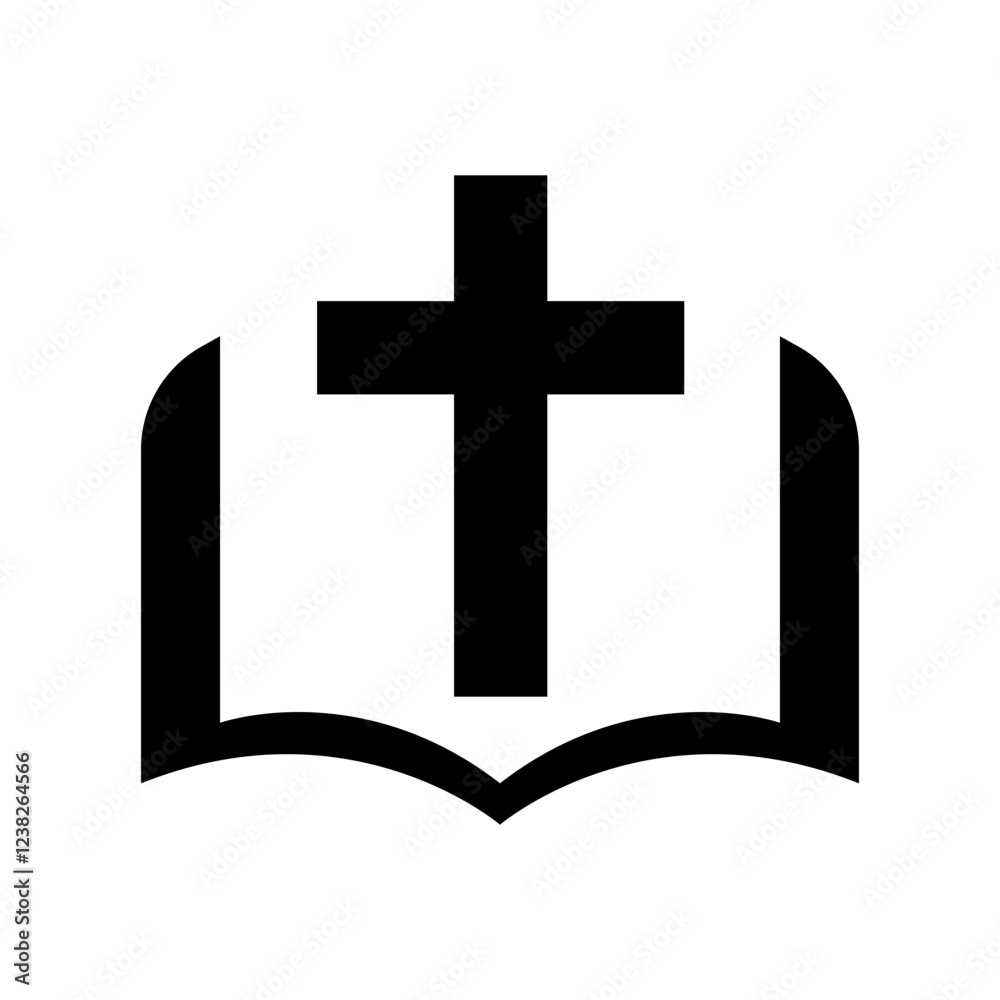 Fototapeta premium Religion icon. Simple black and white icon of christian cross standing on open bible. Vector illustration