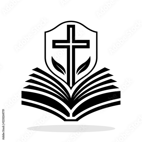 Religion icon. Simple black and white icon of christian cross standing on open bible. Vector illustration