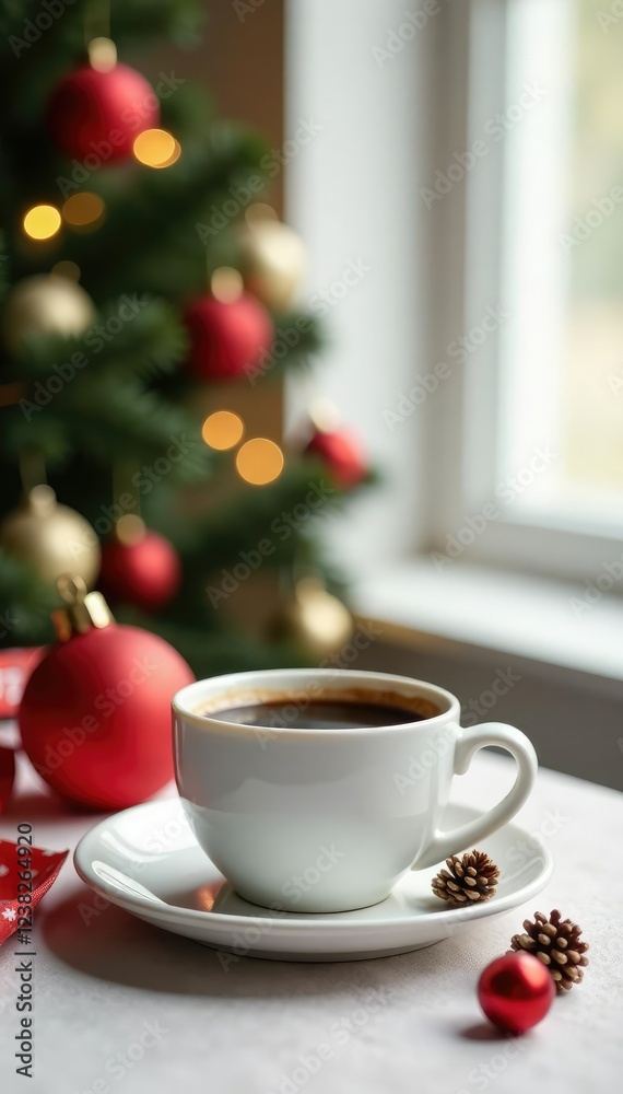 Empty Christmas table with white cup of coffee and festive background, christmas, white, holiday Empty Christmas table with white cup of coffee and festive background, christmas, white, holiday