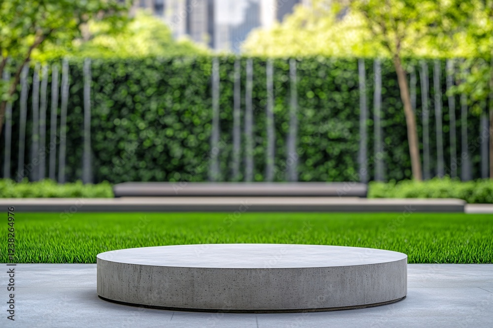 Obraz premium Urban Park Platform Scene: Circular Stage Overlooking Greenery and Cityscape Photography