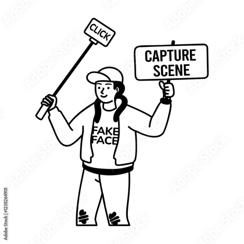 A glyph sticker of a character holding a board written capture scene on it 