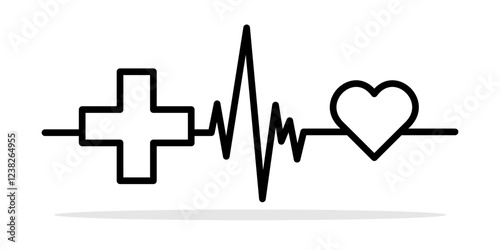 Medical icon with heartbeat. Minimalist black medical icon featuring a heartbeat line connecting a cross and a heart. Concept of healthcare, cardiology, and medical support. Vector illustration