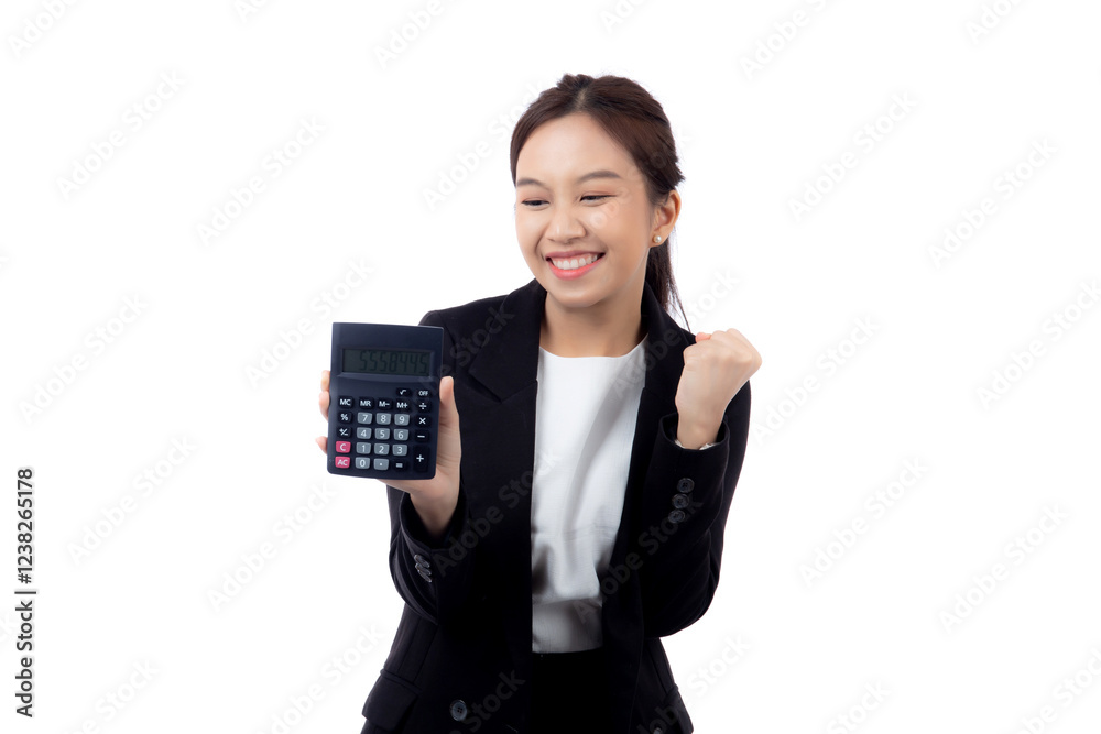 Portrait young asian businesswoman using calculator for calculate expense and budget for saving isolated white background, business woman calculate tax with excited, business and finance concept. Portrait young asian businesswoman using calculator for calculate expense and budget for saving isolated white background, business woman calculate tax with excited, business and finance concept.