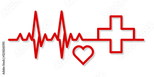 Medical icon with heartbeat. Minimalist red medical icon featuring a heartbeat, line cross and a heart. Concept of healthcare, cardiology, and medical support. Vector illustration