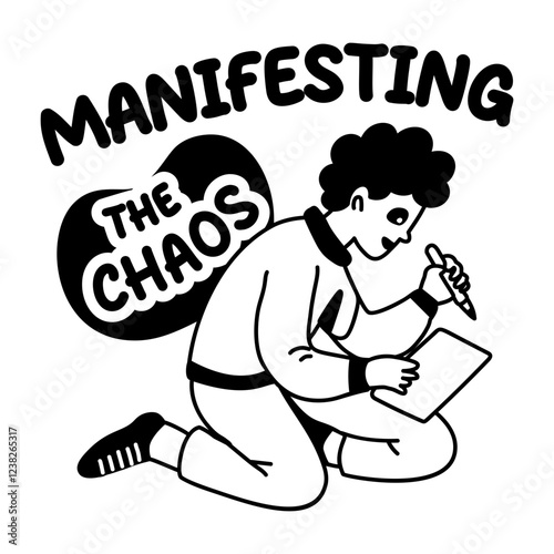 A glyph sticker of a man writing on a paper with manifesting typography 