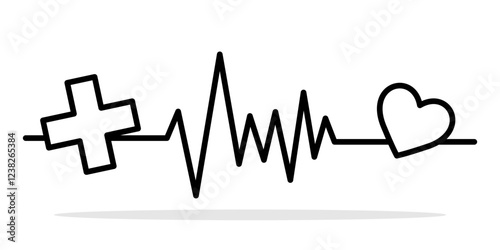 Medical icon with heartbeat. Minimalist black medical icon featuring a heartbeat line connecting a cross and a heart. Concept of healthcare, cardiology, and medical support. Vector illustration