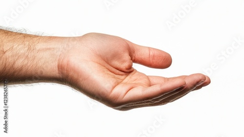 A human hand is open and facing upwards against a white background.